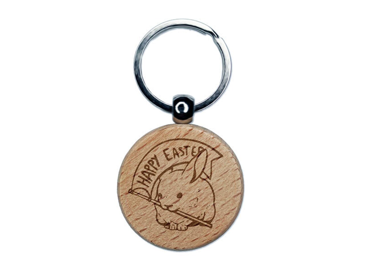 Bunny Rabbit with Happy Easter Flag Engraved Wood Round Keychain Tag Charm